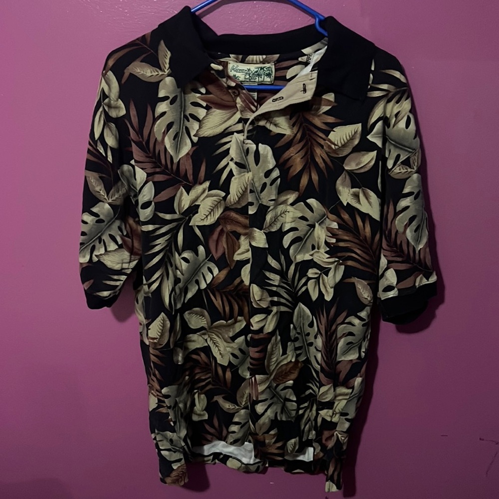 Havana Jack's Cafe Hawaiian Polo Shirt Men's Size L Black & Beige Leaf Print